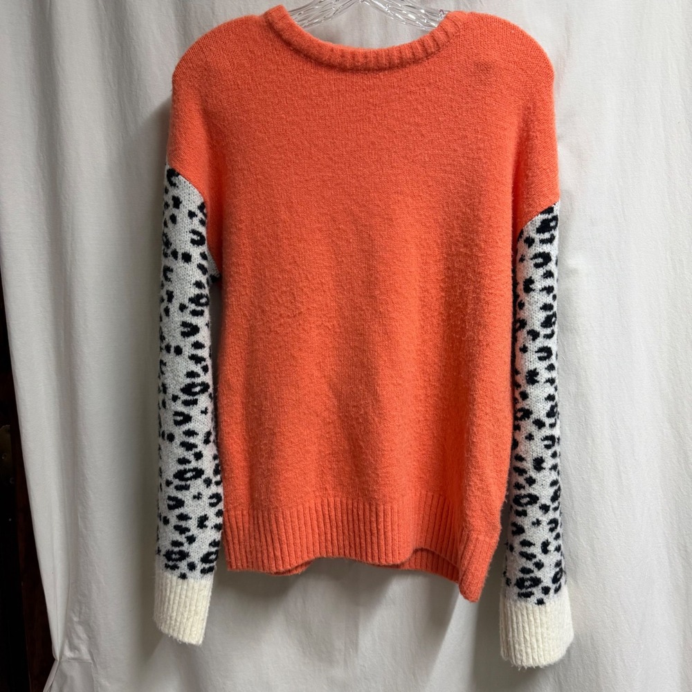THML Womens Coral Orange Leopard Print Sleeve Crewneck Sweater XL animal